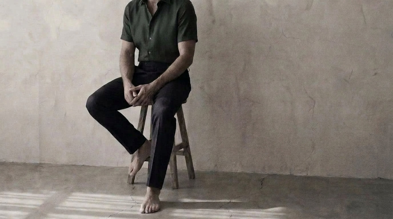 The Short Sleeve Jack 120 in Deep Olive Cotton Flax worn