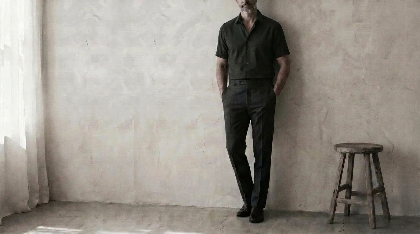 The Short Sleeve Jack 120 in Ebony Black Cotton Flax worn