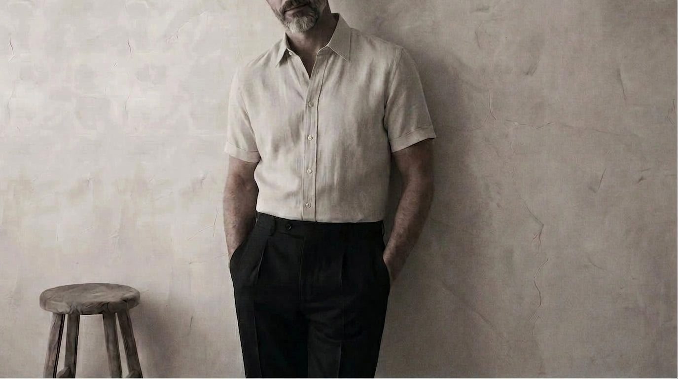 The Short Sleeve Jack 120 in Warm Ivory Cotton Flax worn