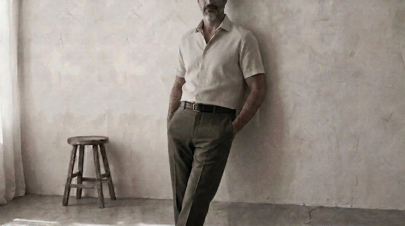 The Short Sleeve Jack 120 in Ecru Beige Cotton Flax worn