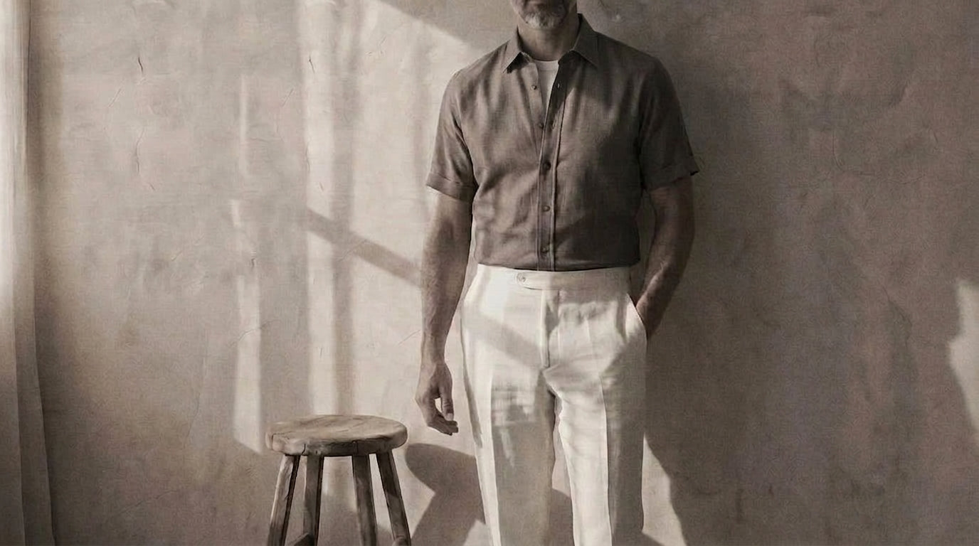 The Short Sleeve Jack 125 in Warm Taupe Linen worn