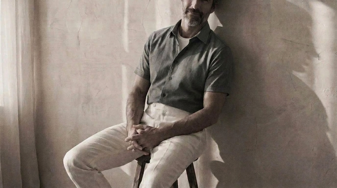 The Short Sleeve Jack 125 in Muted Slate Linen worn