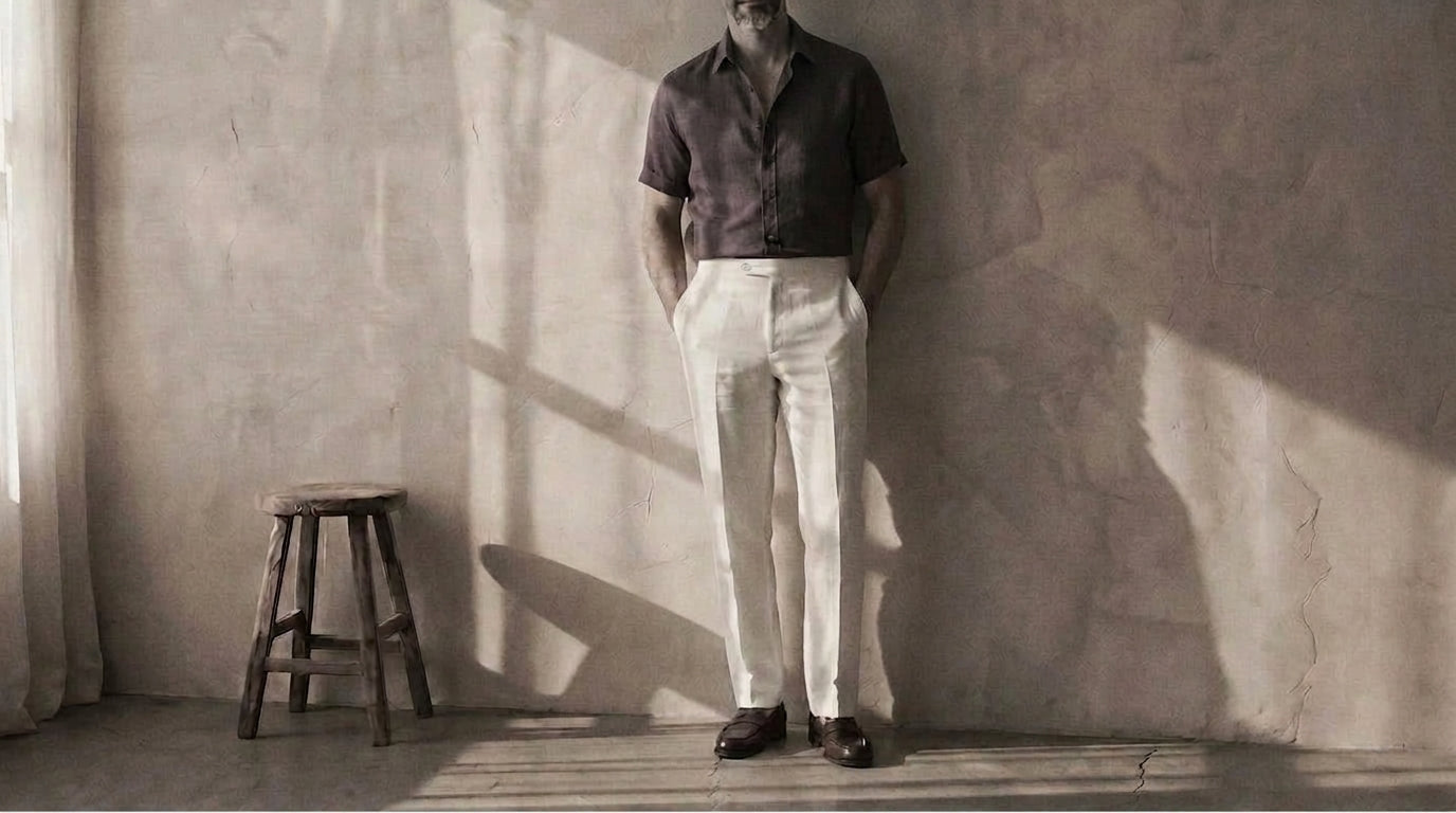 The Short Sleeve Jack 125 in Smoked Plum Linen worn