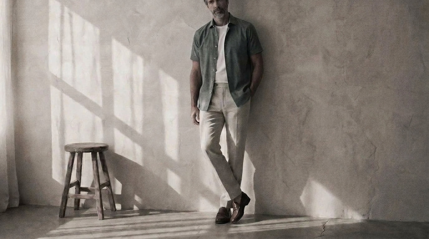 The Short Sleeve Jack 140 in Muted Teal Linen worn