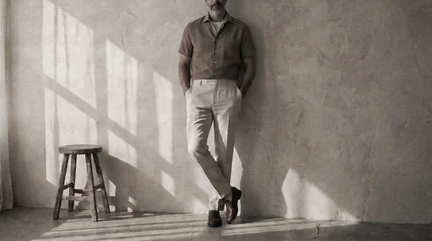 The Short Sleeve Jack 140 in Soft Terracota Linen worn