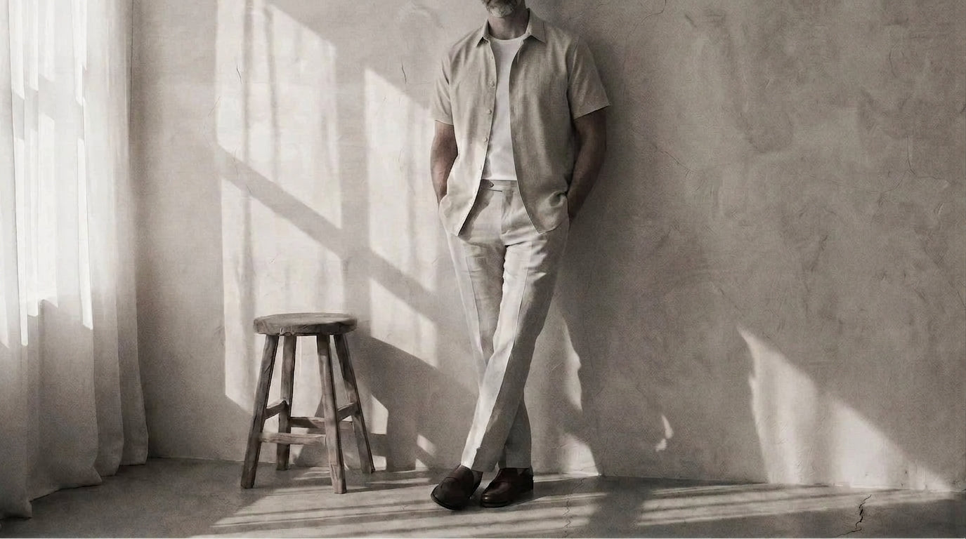 The Short Sleeve Jack 140 in Soft Yellow Linen worn