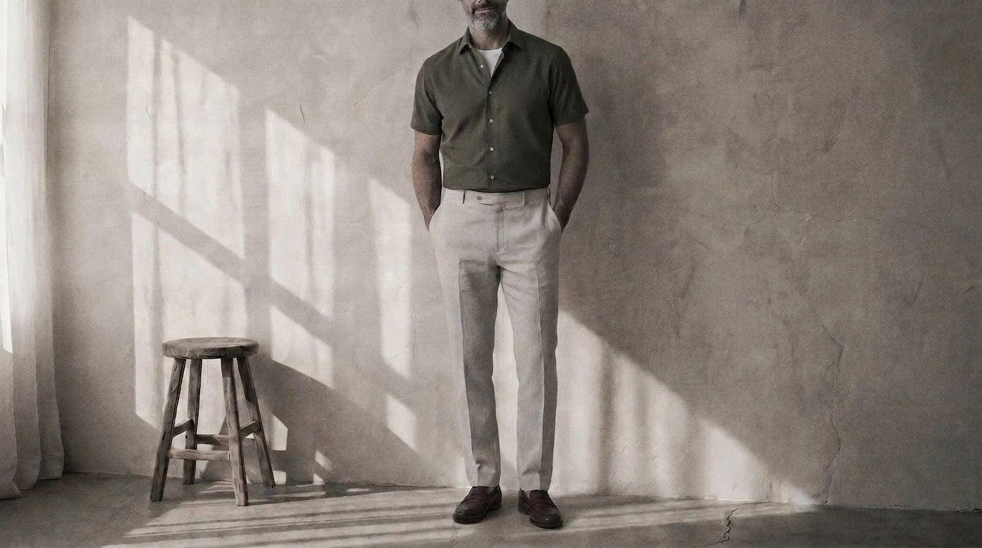 The Short Sleeve Jack 160 in Moss Green Indian Cotton worn