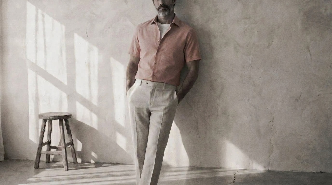 The Short Sleeve Jack 160 in Soft Salmon Indian Cotton worn