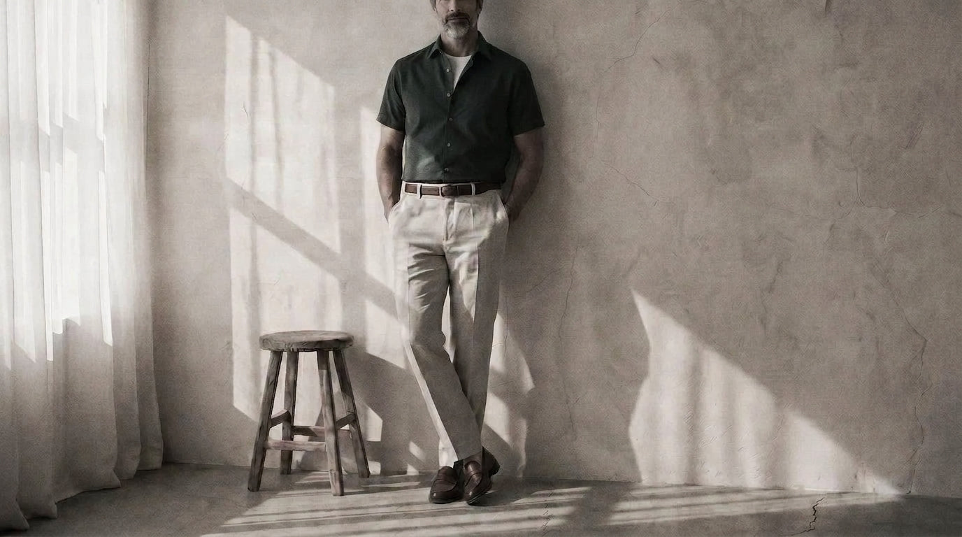 The Short Sleeve Jack 160 in Deep Olive Indian Cotton worn