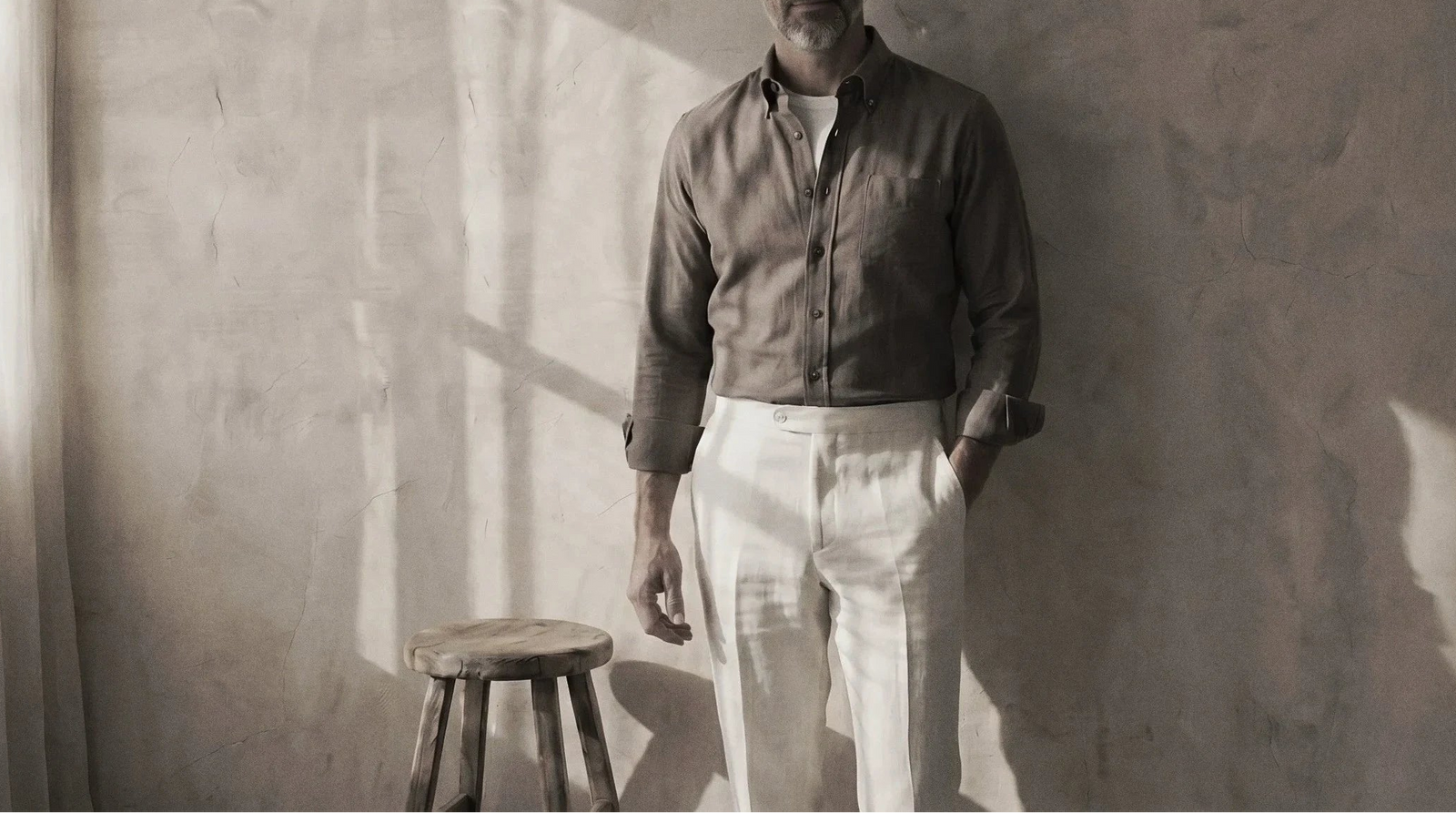 The Atticus 125 in Warm Taupe Linen worn