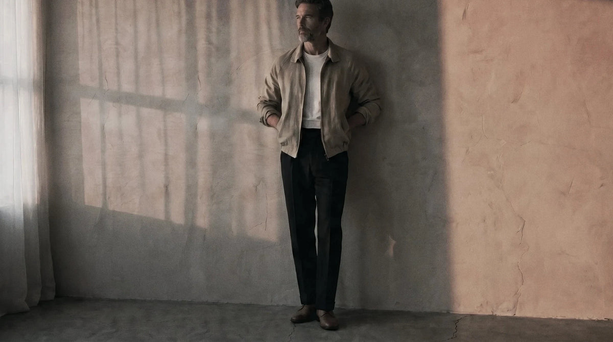 The Harrington 235 in Desert Storm Linen worn