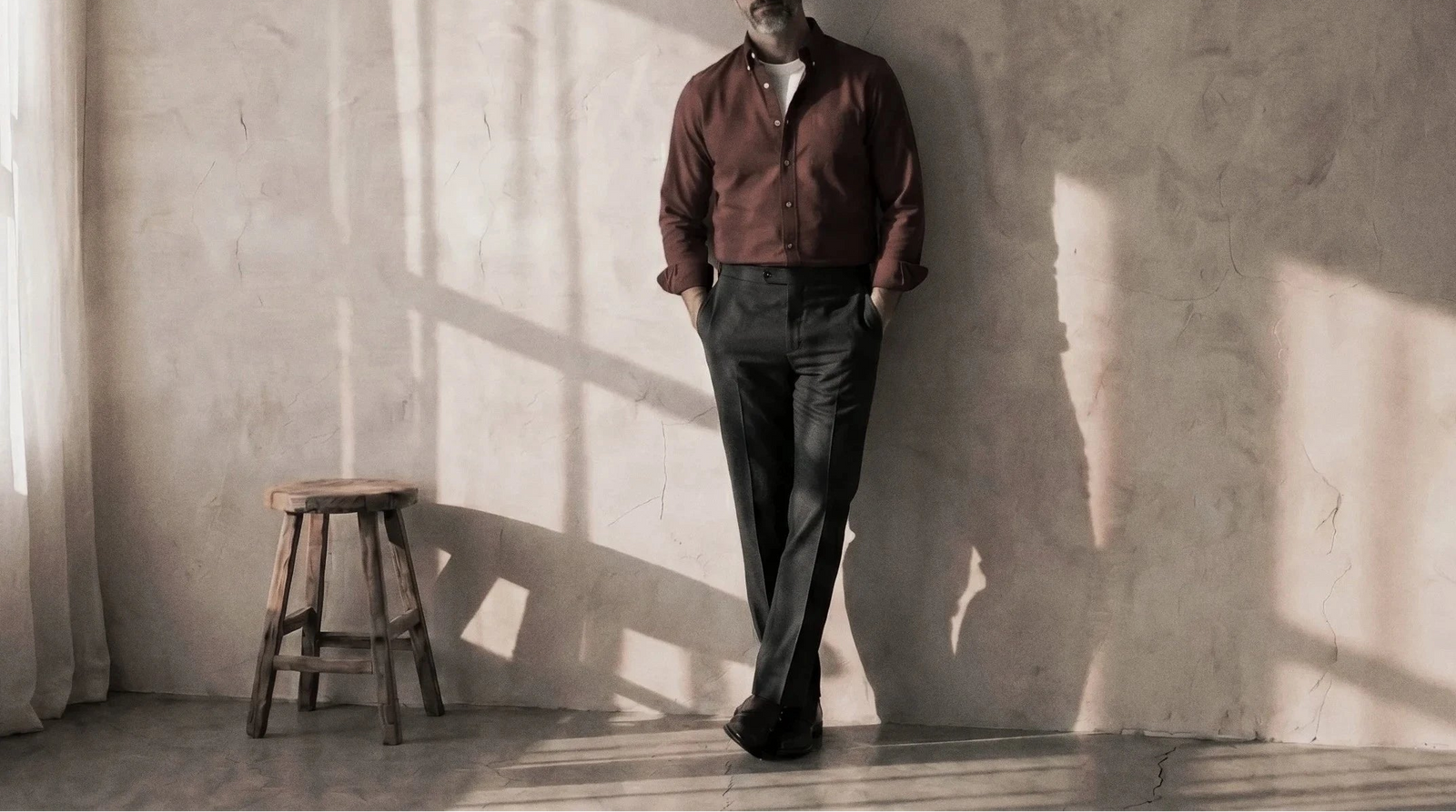 The Atticus 160 in Berry Red Oxford Cotton worn