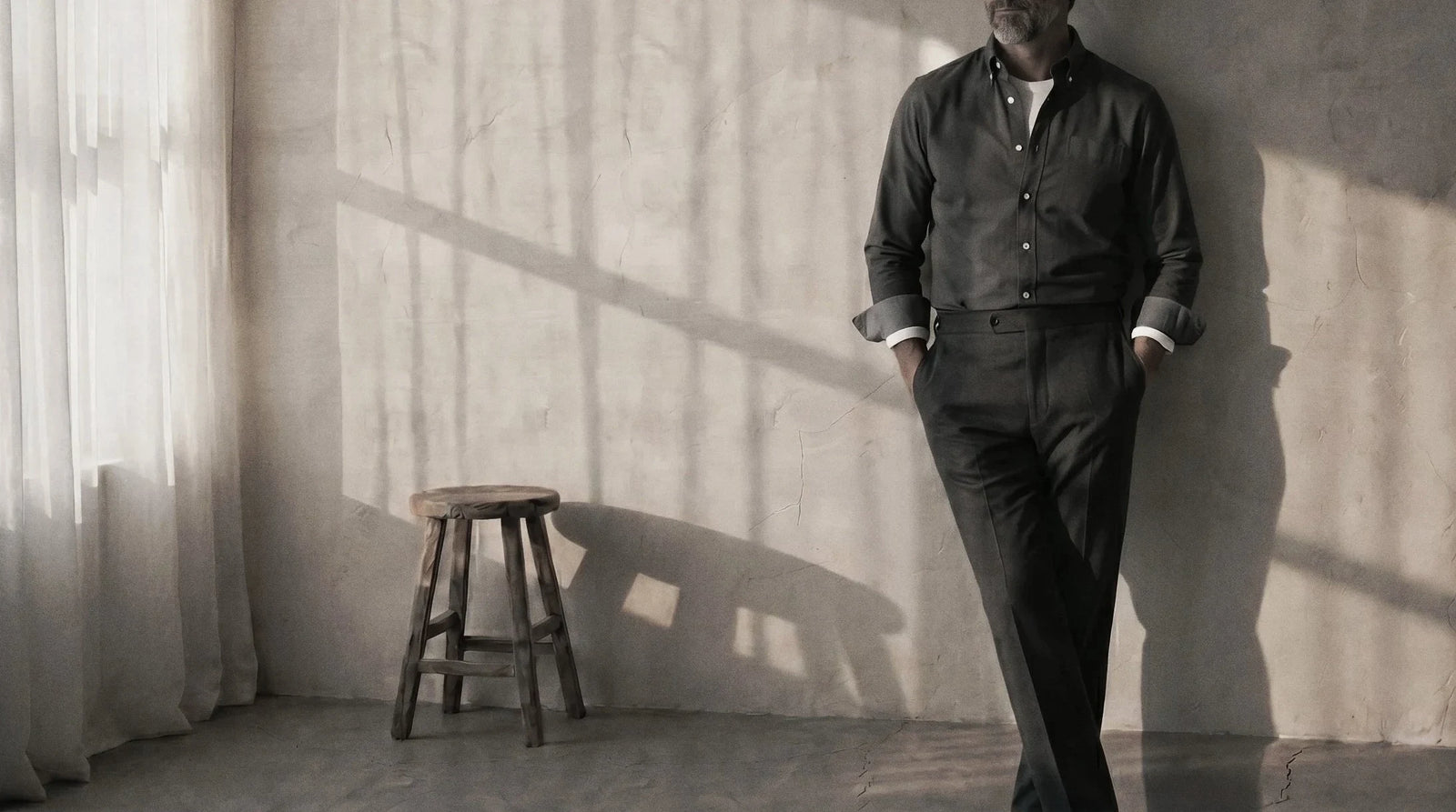 The Atticus 140 in Black Chambray Cotton worn