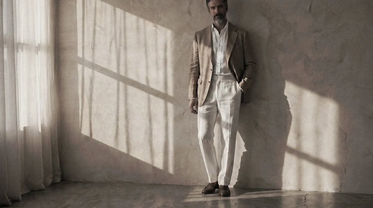 The Newman 140 in Cinnamon Mocha Linen worn