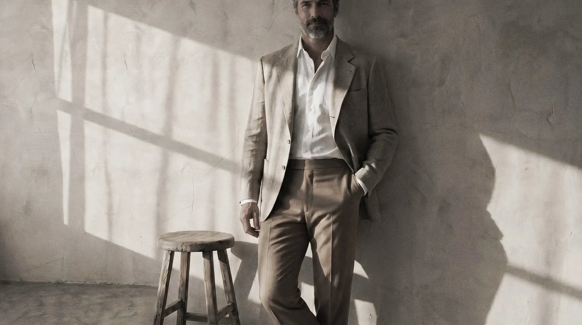 The Newman 235 in Taupe Chambray Linen worn