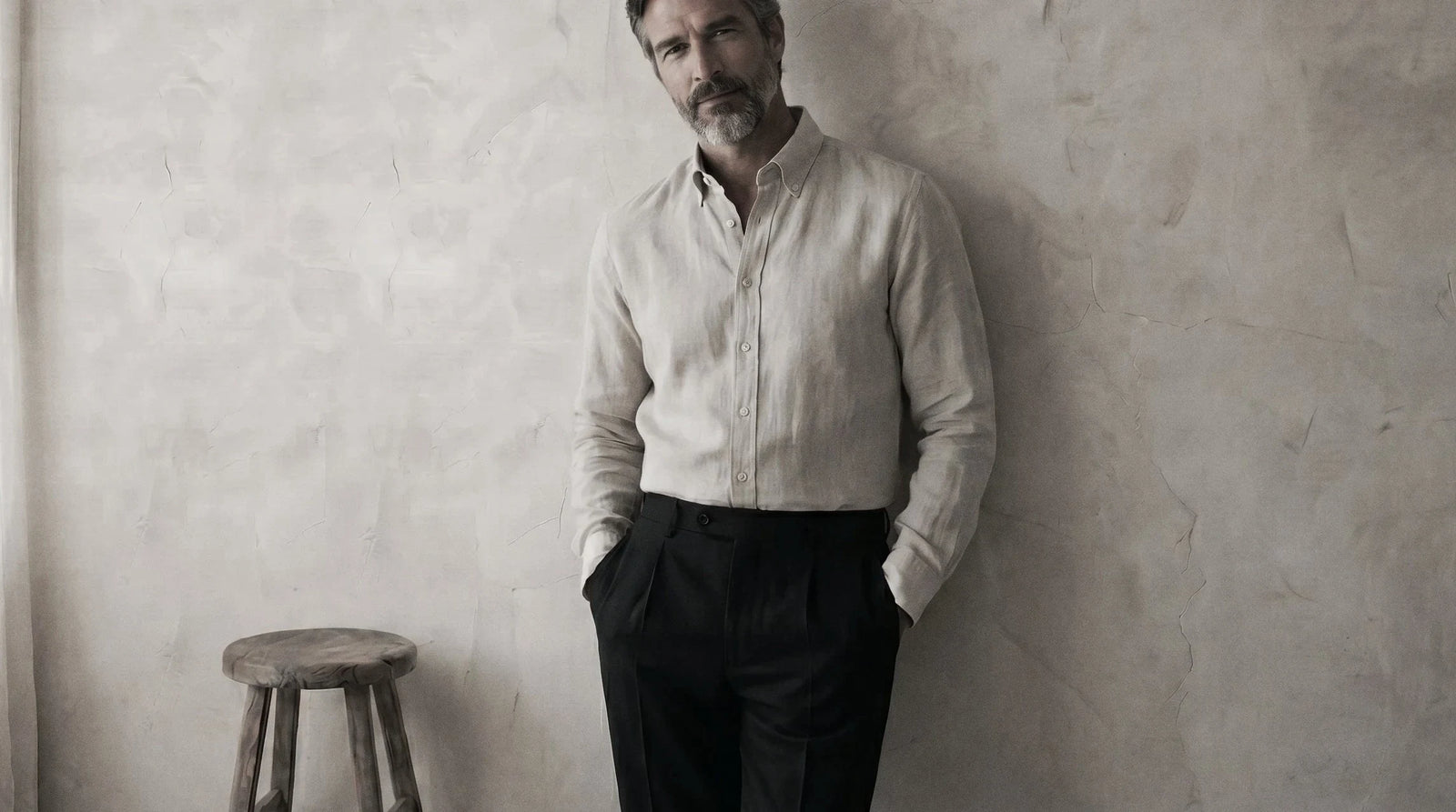 The Atticus 120 in Warm Ivory Cotton Flax worn