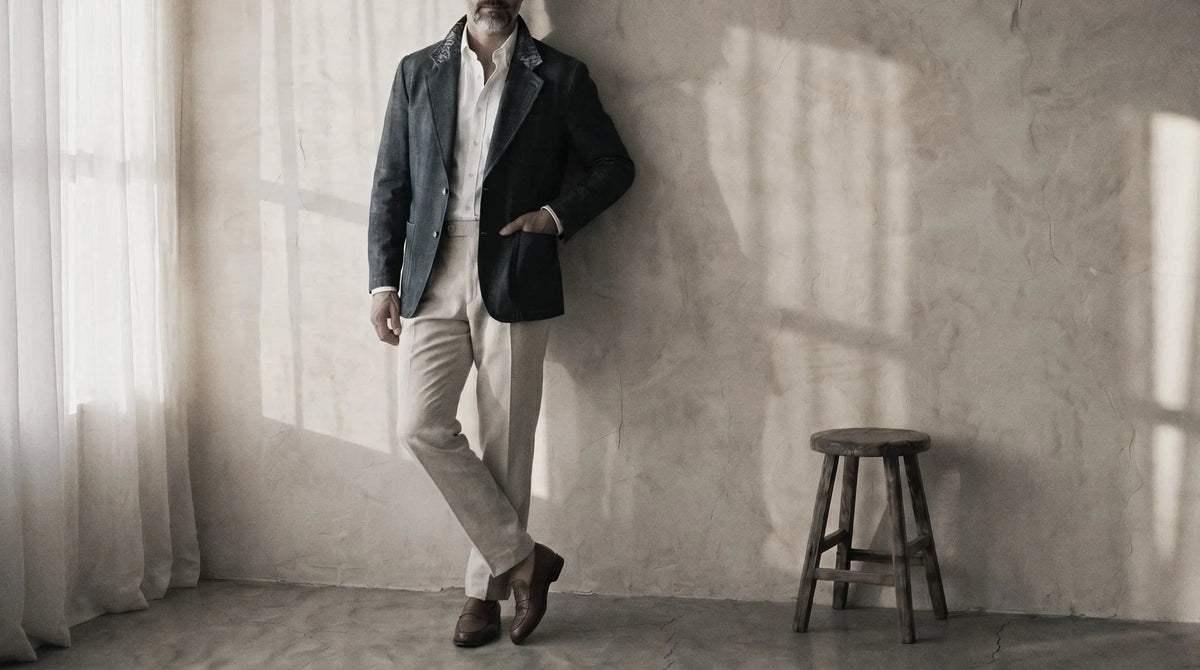 The Newman 235 GSM in Raw Indigo Denim worn