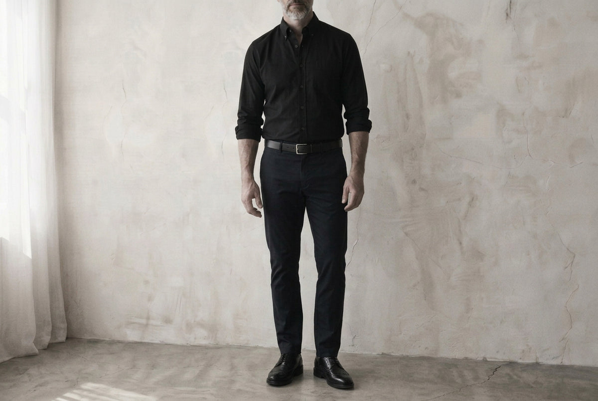 The Atticus 160 in Onyx Oxford Cotton worn