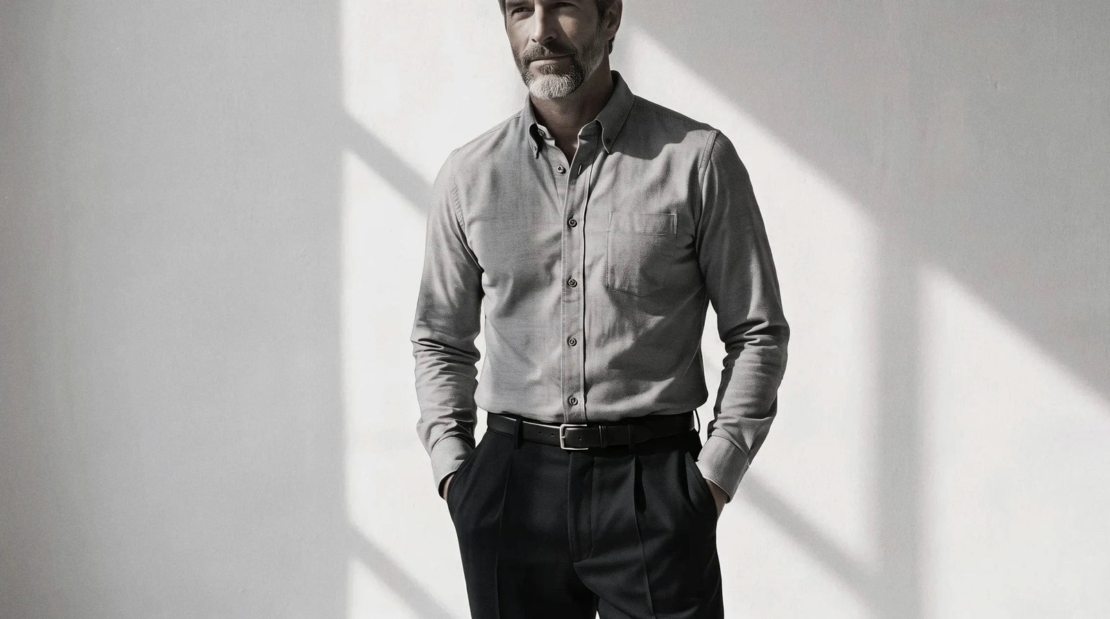 The Atticus 160 in Pepper & Salt Pinpoint Oxford Cotton worn