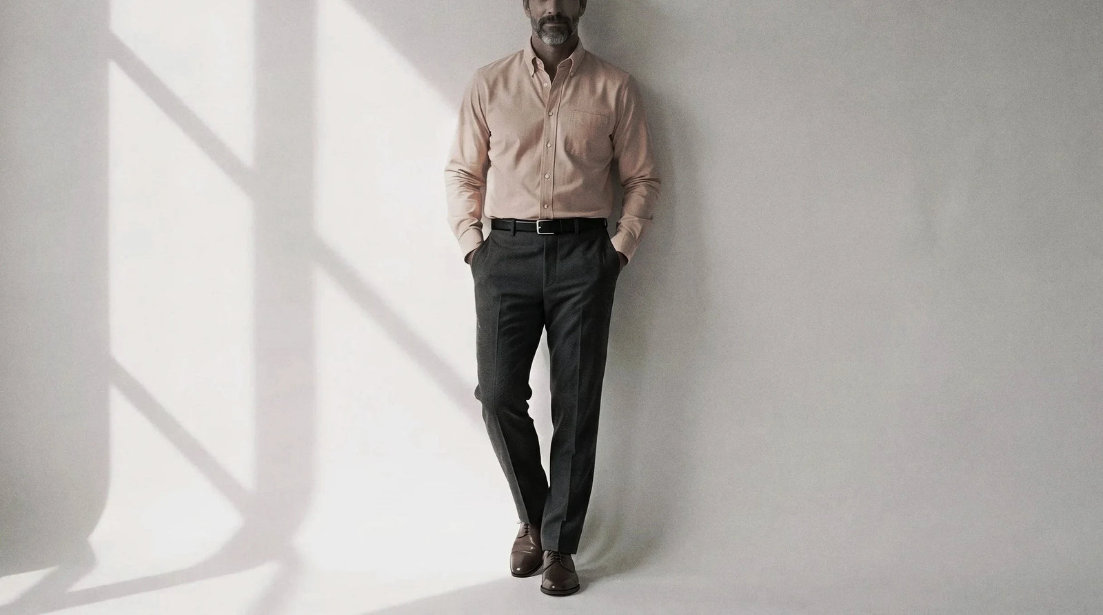 The Atticus 160 in Dusky Mandarin Pinpoint Oxford Cotton worn