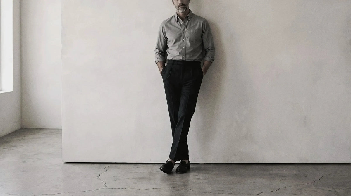 The Atticus 160 in Riverstone Grey Indian Cotton worn