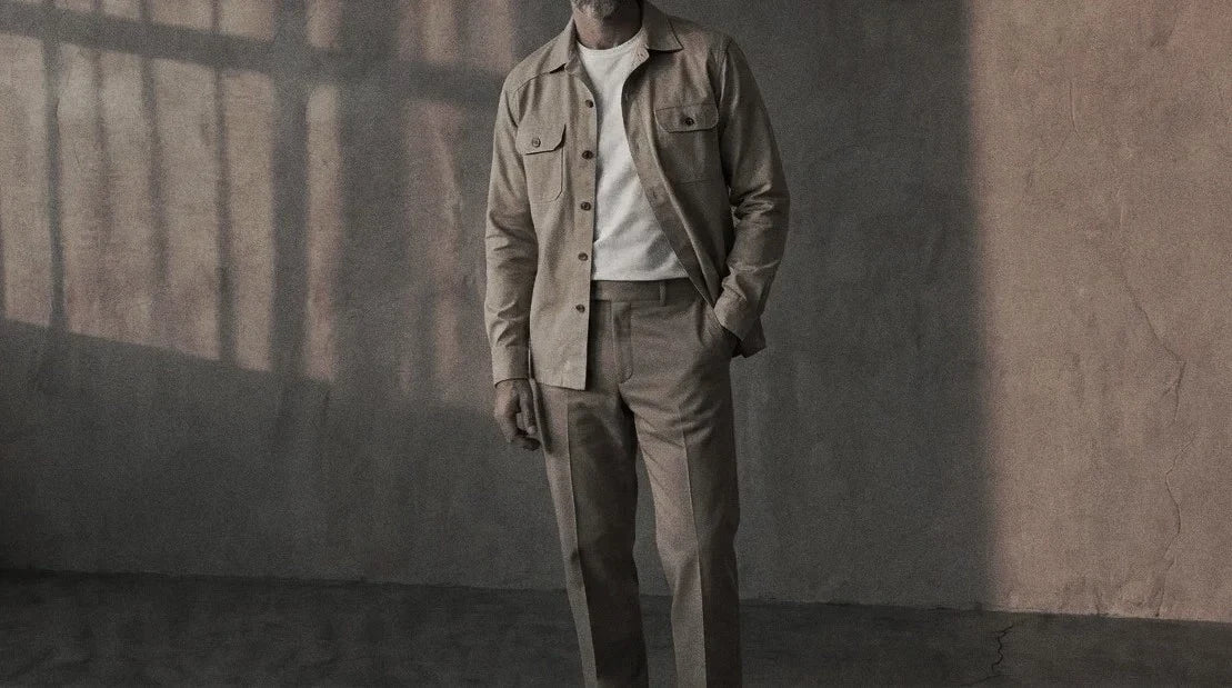 The Fletcher 320 in Drift Sand Cotton Chino worn
