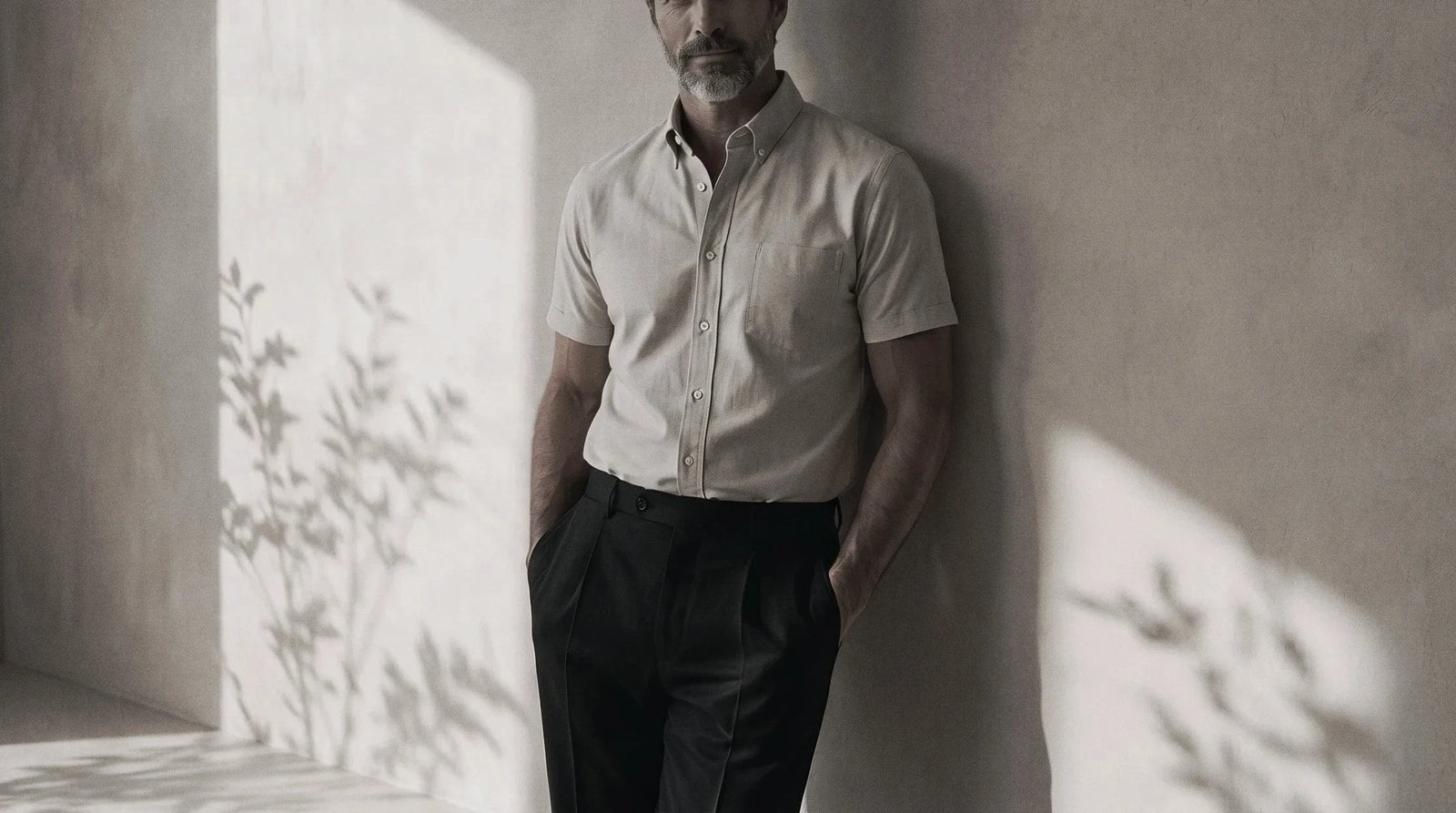 The Short Sleeve Atticus 160 in Honeyed Oat Pinpoint Oxford Cotton worn