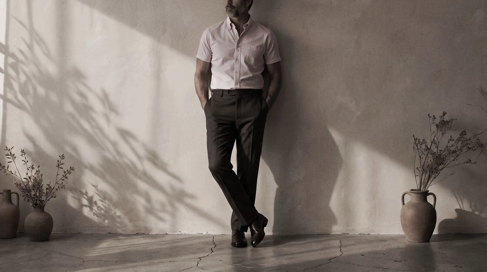 The Short Sleeve Atticus 160 in Pink Whisper Pinpoint Oxford Cotton worn