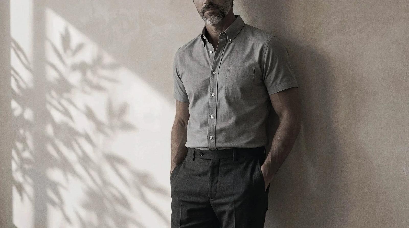 The Short Sleeve Atticus 160 in Pepper & Salt Pinpoint Oxford Cotton worn