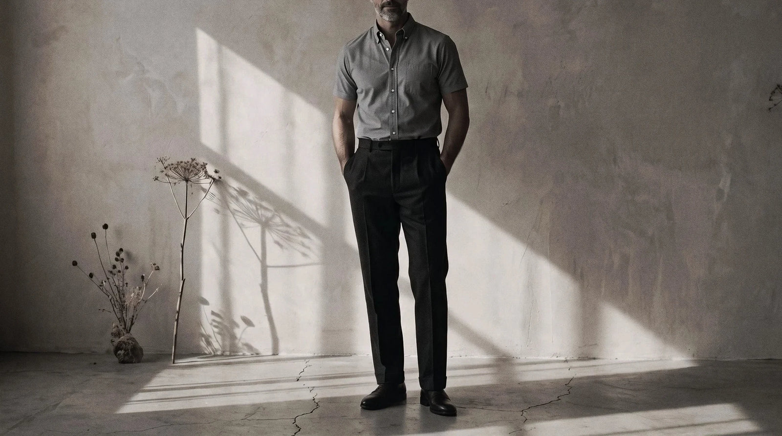 The Short Sleeve Atticus 160 in Blue Static Pinpoint Oxford Cotton worn