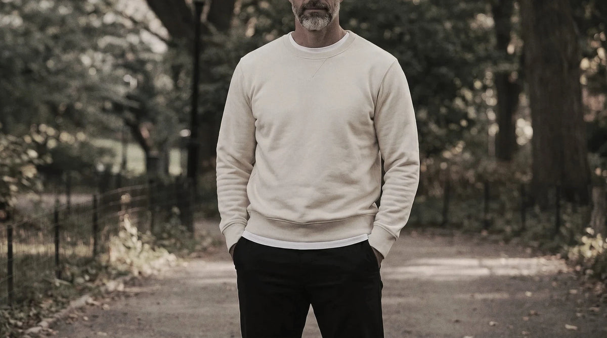 The Benji 340 in Alabaster Cotton French Terry worn