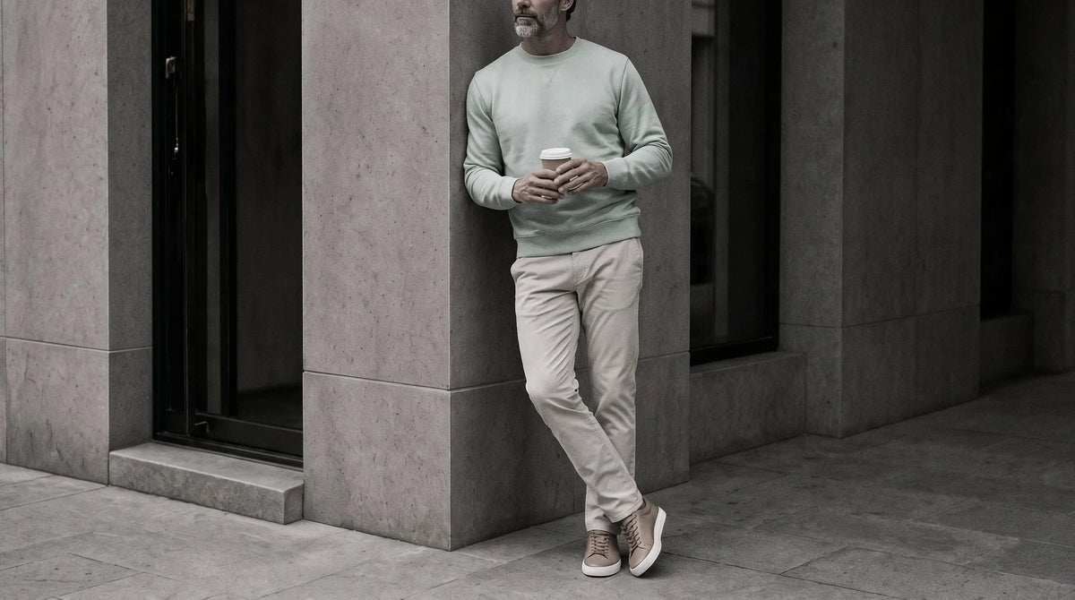 The Benji 340 in Celadon Supima French Terry worn