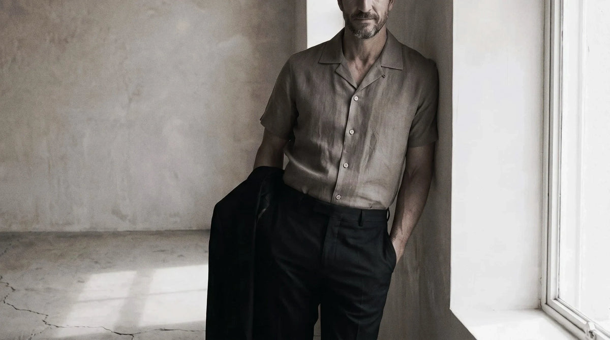 The Fleming 125 in Muted Taupe Linen worn