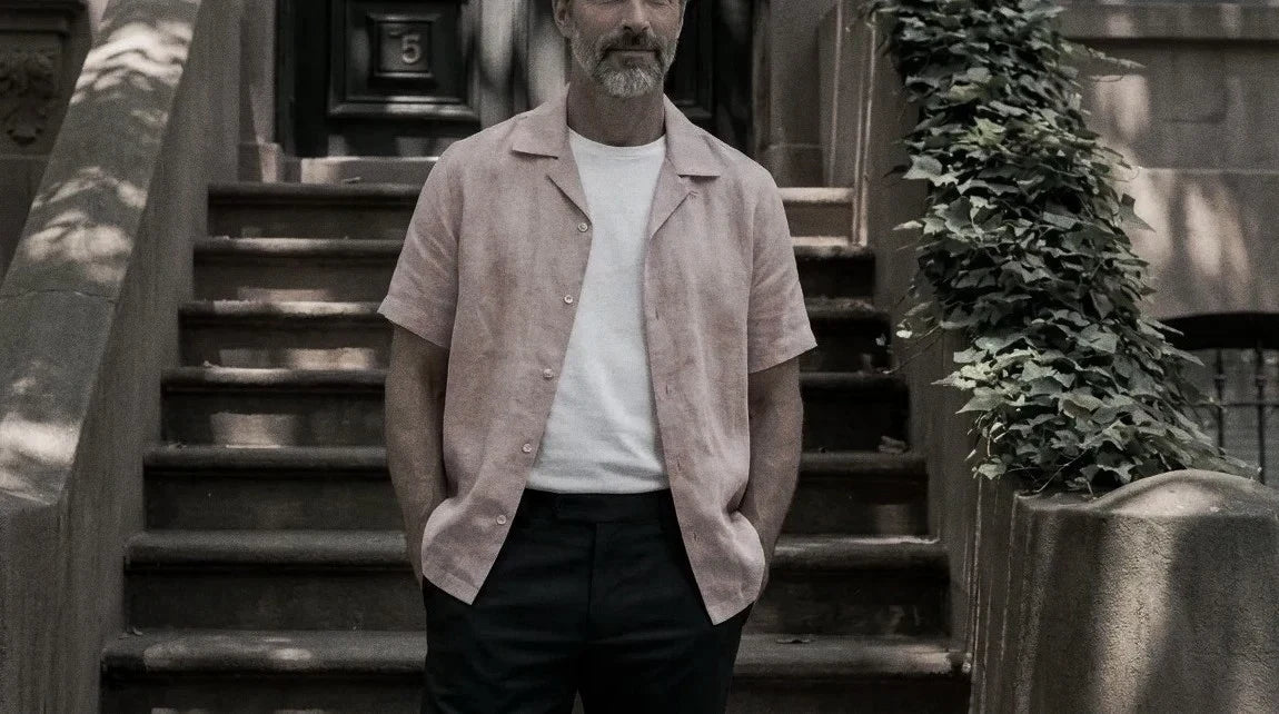 The Fleming 120 in Misty Pink Cotton Flax worn