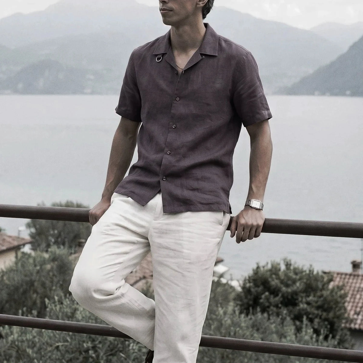 The Fleming 140 in Deep Plum Linen worn