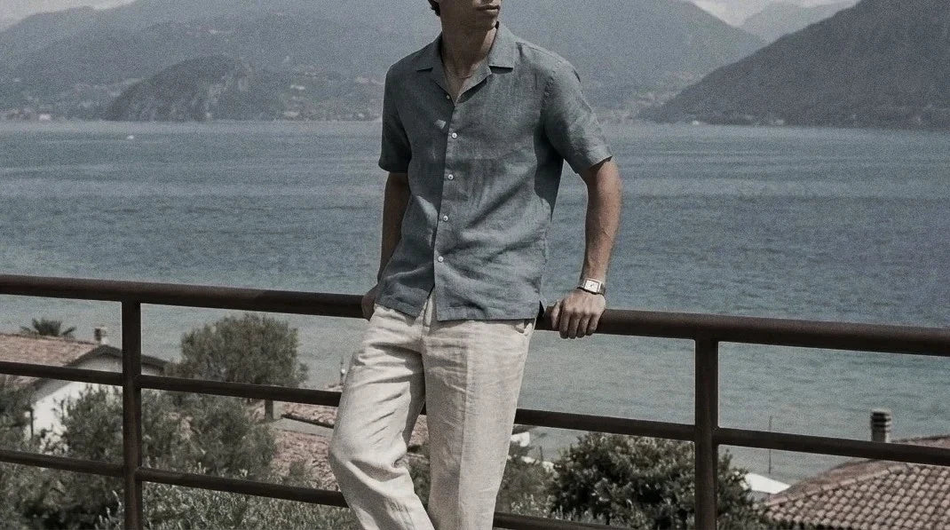 The Fleming 140 in Muted Teal Linen worn
