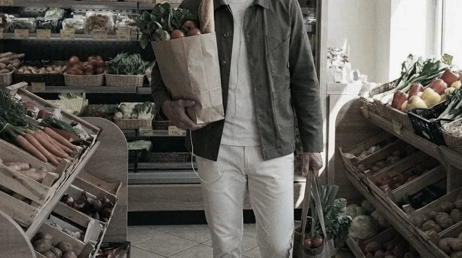 The Conrad 320 in Meadow Sage Indian Cotton worn
