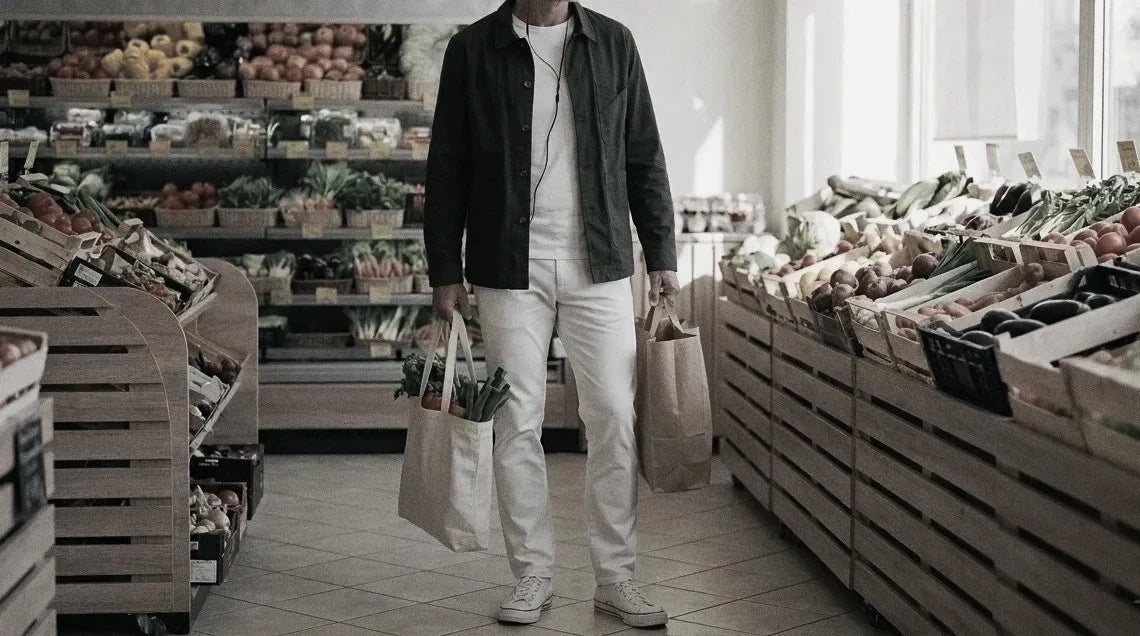 The Conrad 320 in Forest Green Indian Cotton worn