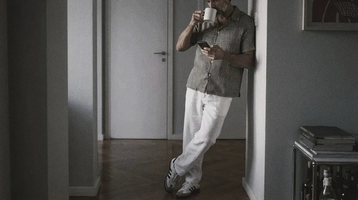 The Fleming 95 in Imperial Grid Khadi Cotton worn