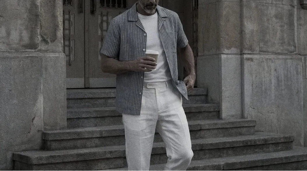 The Fleming 95 in Coastal Chalk Khadi Cotton worn