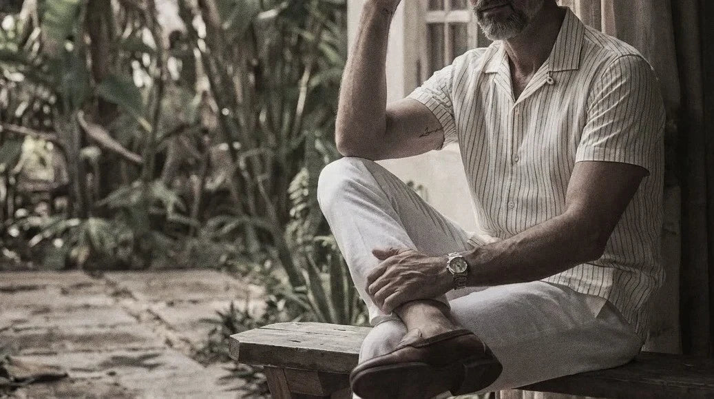 The Fleming 87 in Sursuri Stripe Khadi Cotton worn