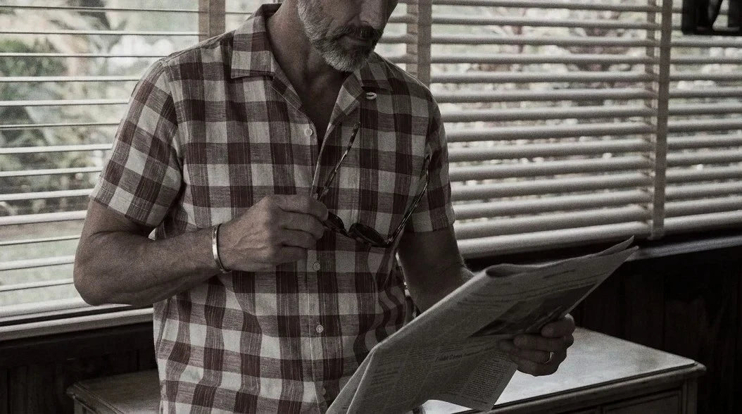 The Fleming 115 in Cinnabar Check Khadi Cotton worn