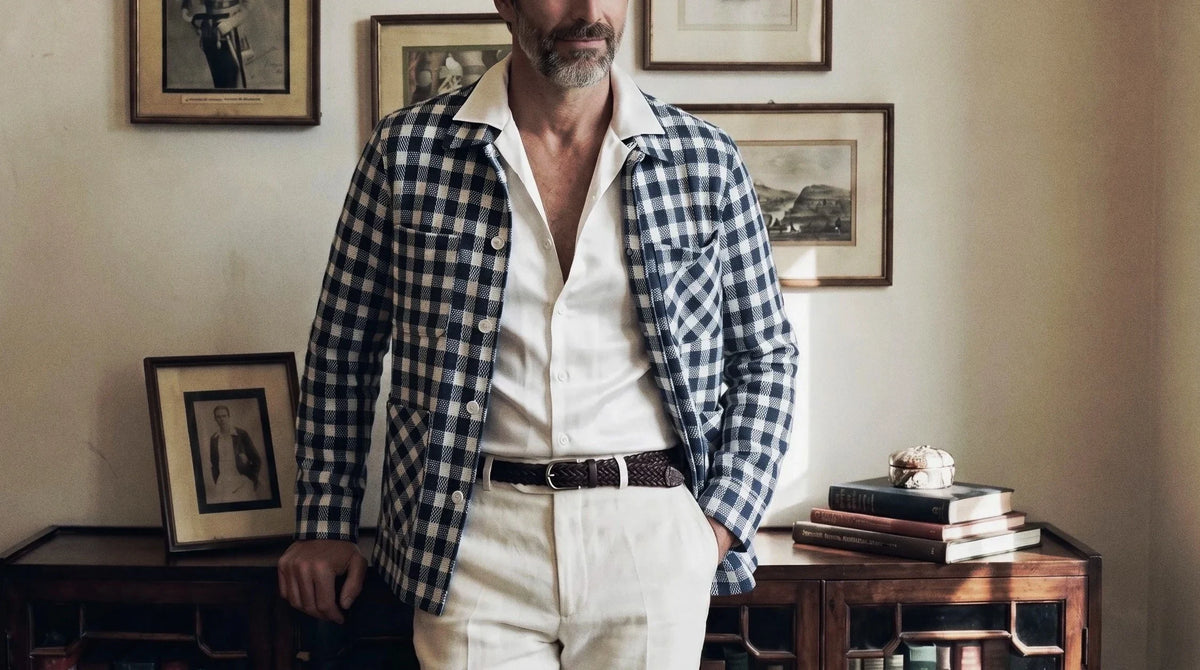The Conrad 225 in Blueprint Khadi Cotton worn