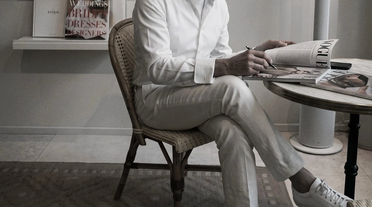 The Daniel 140 in Winter White Indian Cotton worn
