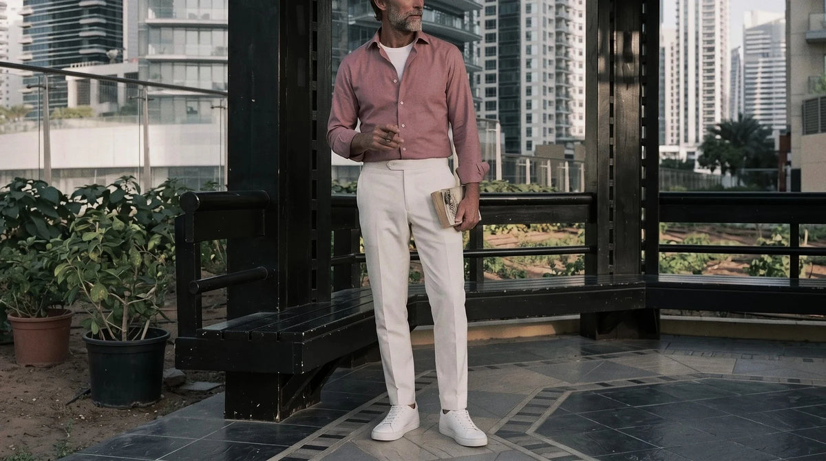 The Daniel 140 in Earthy Mauve Indian Cotton worn