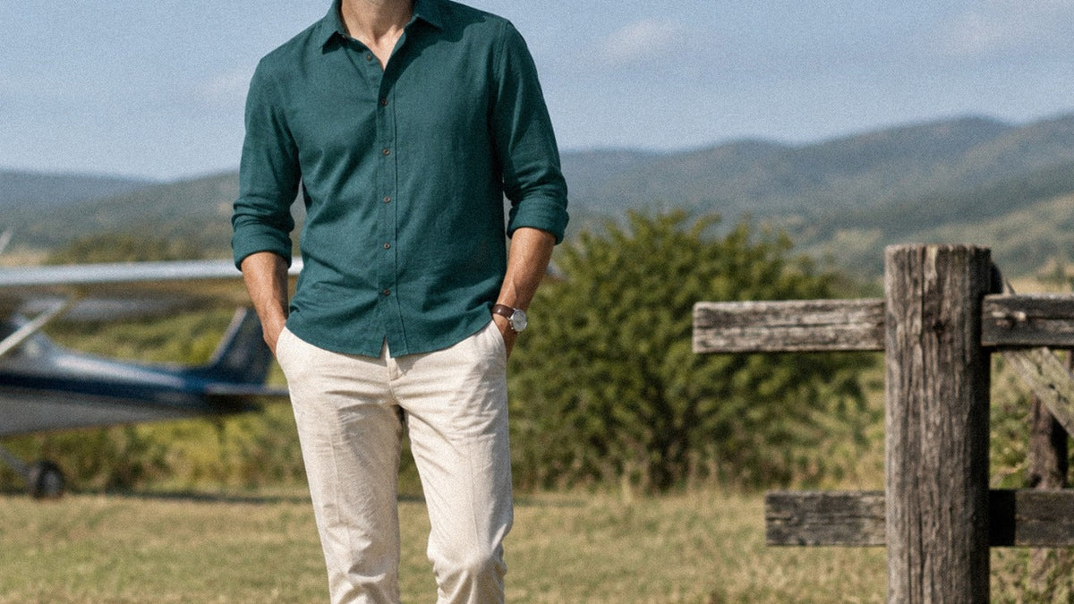 The Jack 120 in Teal Blue Cotton Flax worn