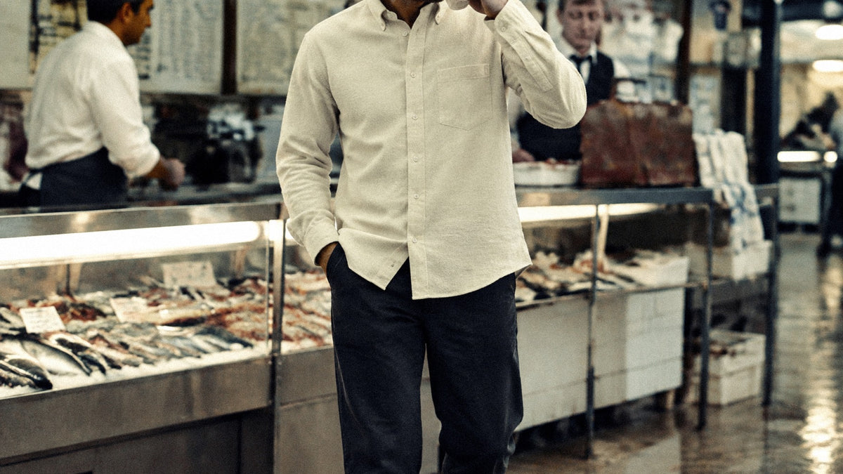 The Atticus 120 in Warm Ivory Cotton Flax worn