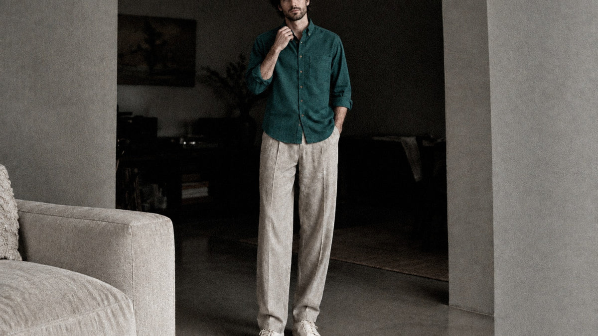 The Atticus 120 in Teal Blue Cotton Flax worn