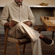 The Atticus 120 in Ecru Beige Cotton Flax — Model (1:1)