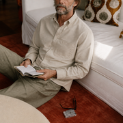 The Atticus 160 in Almond Milk Pinpoint Oxford Cotton — Model (1:1)